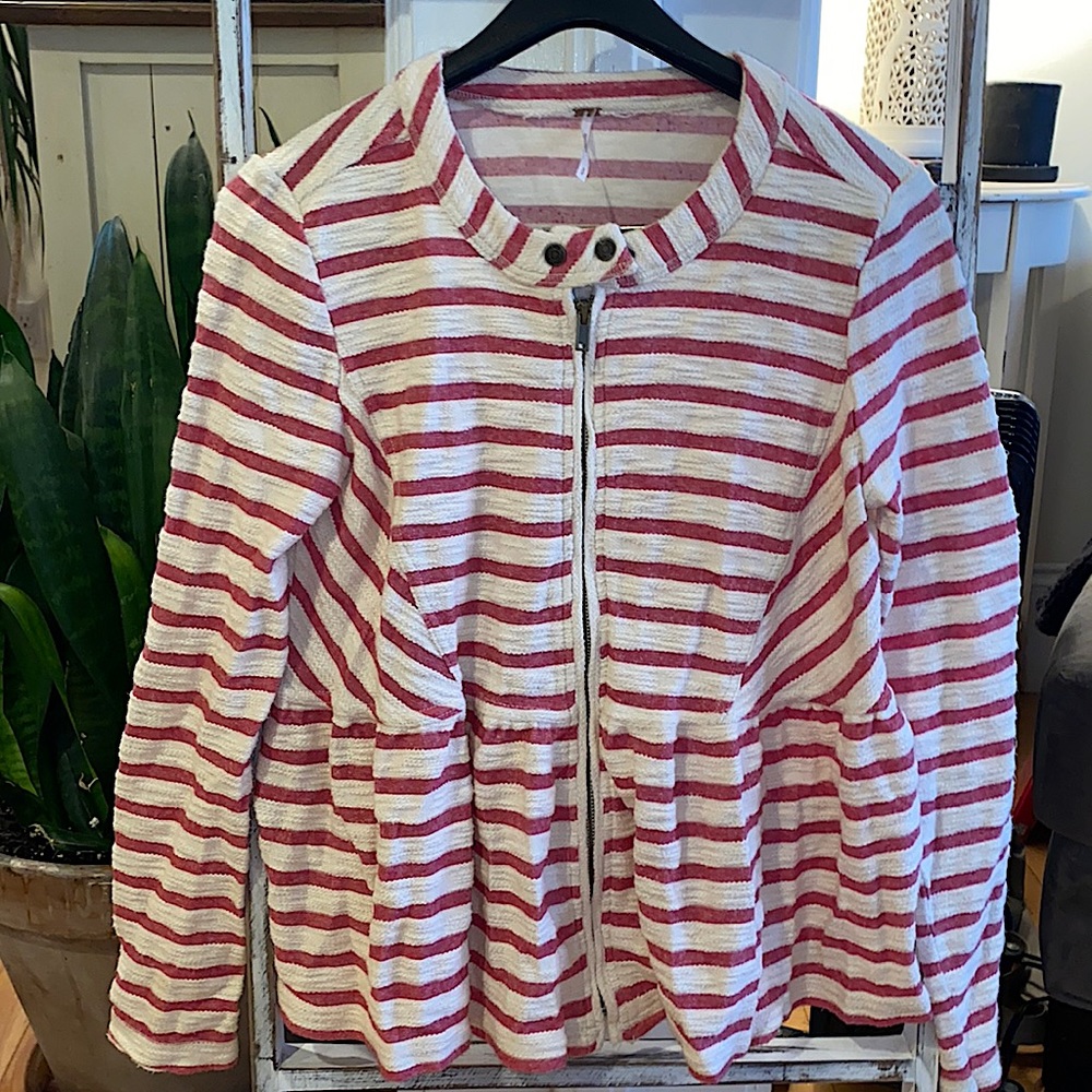 FREE PEOPLE red/cream full zipper top/jacket S